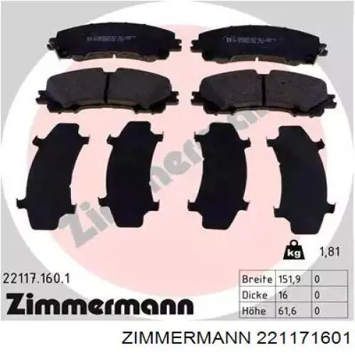221171601 Zimmermann sapatas do freio dianteiras de disco