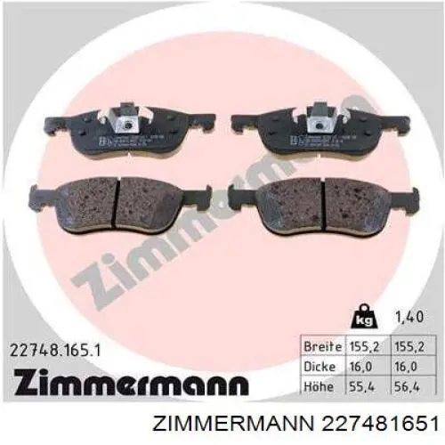 Передние тормозные колодки 227481651 Zimmermann