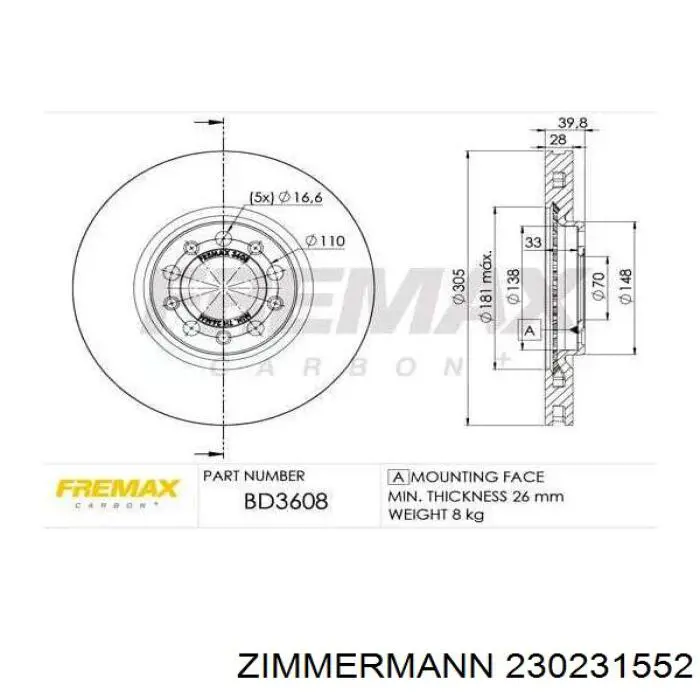 Передние тормозные диски 230231552 Zimmermann