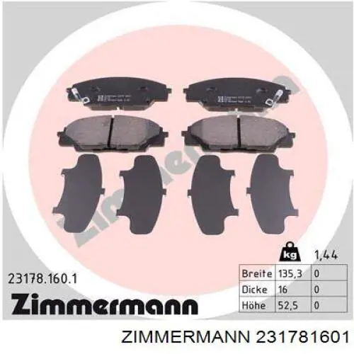 23178.160.1 Zimmermann колодки тормозные передние дисковые