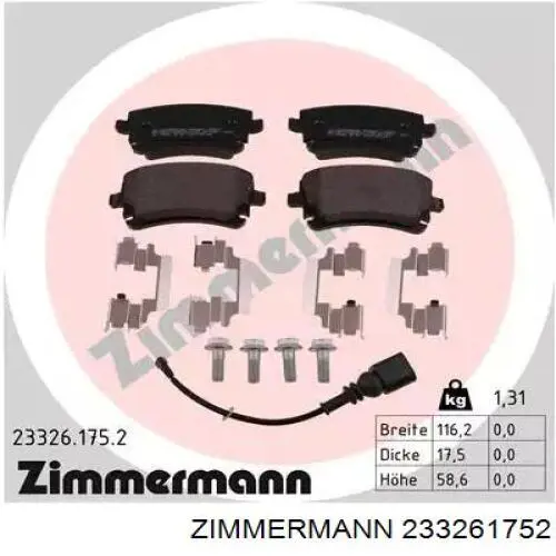 233261752 Zimmermann колодки тормозные задние дисковые