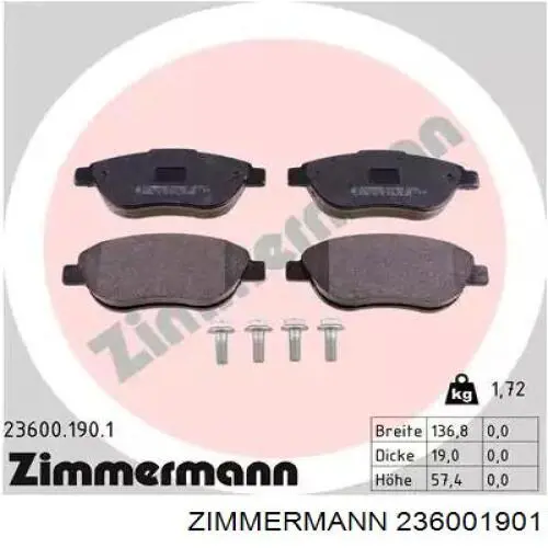 236001901 Zimmermann колодки тормозные передние дисковые