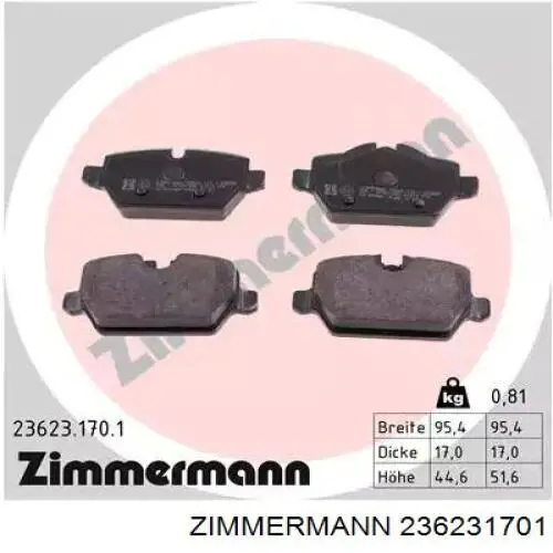 Колодки тормозные задние дисковые Zimmermann 236231701
