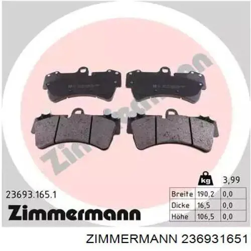 23693.165.1 Zimmermann колодки тормозные передние дисковые