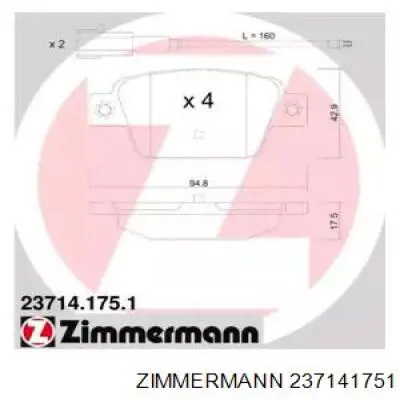 237141751 Zimmermann колодки тормозные задние дисковые