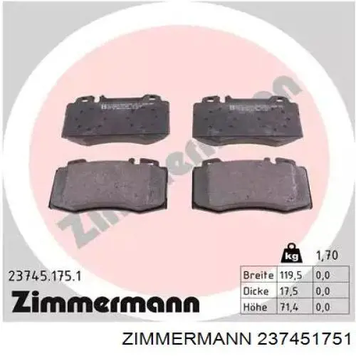 237451751 Zimmermann колодки тормозные передние дисковые