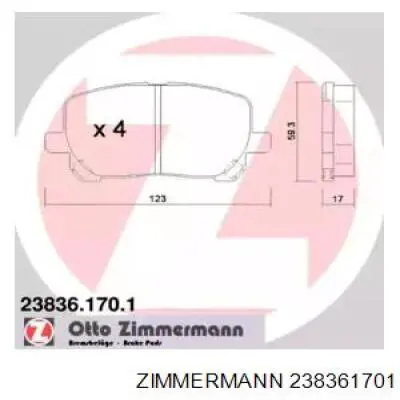 238361701 Zimmermann колодки тормозные передние дисковые