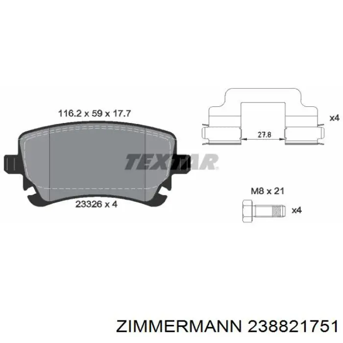 Купить 238821751 Zimmermann Колодки тормозные задние, дисковые