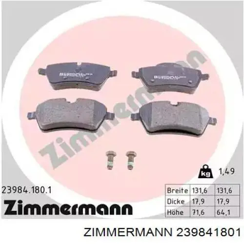 239841801 Zimmermann колодки тормозные передние дисковые