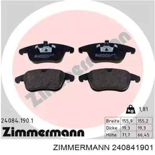240841901 Zimmermann колодки тормозные передние дисковые