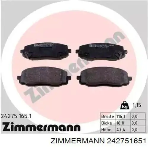 242751651 Zimmermann колодки тормозные передние дисковые