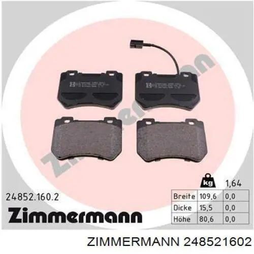 248521602 Zimmermann колодки тормозные передние дисковые