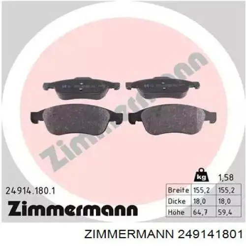 249141801 Zimmermann колодки тормозные передние дисковые