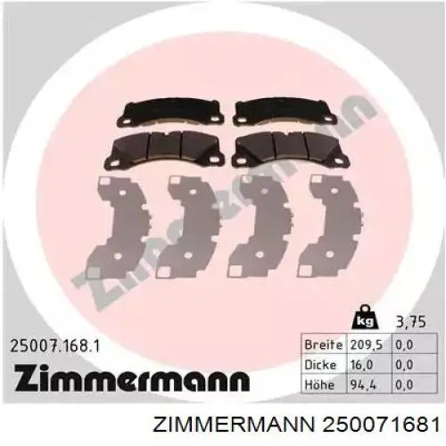 Передние тормозные колодки 250071681 Zimmermann