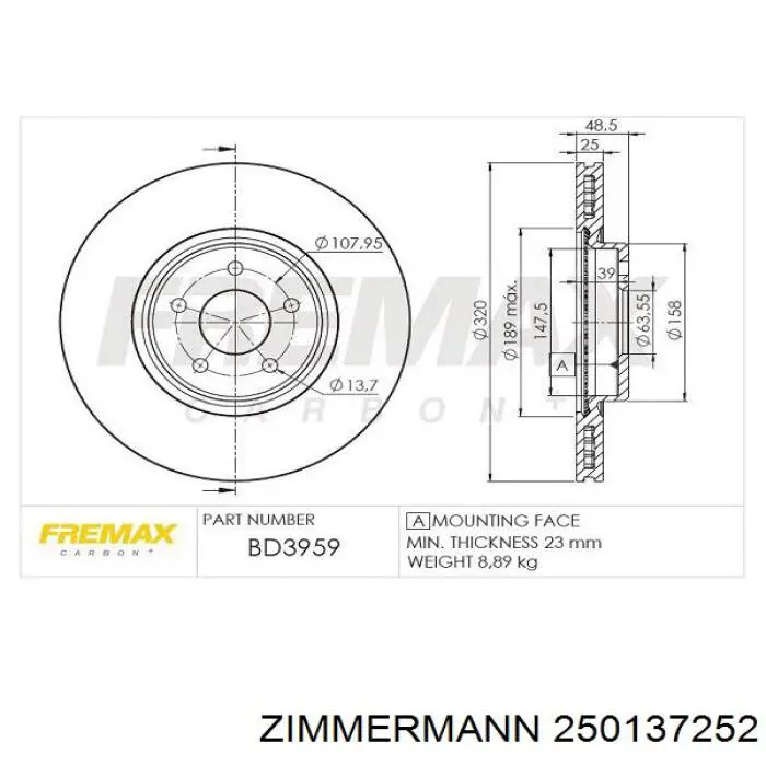 Передние тормозные диски 250137252 Zimmermann