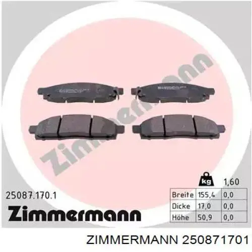 Передние тормозные колодки 250871701 Zimmermann