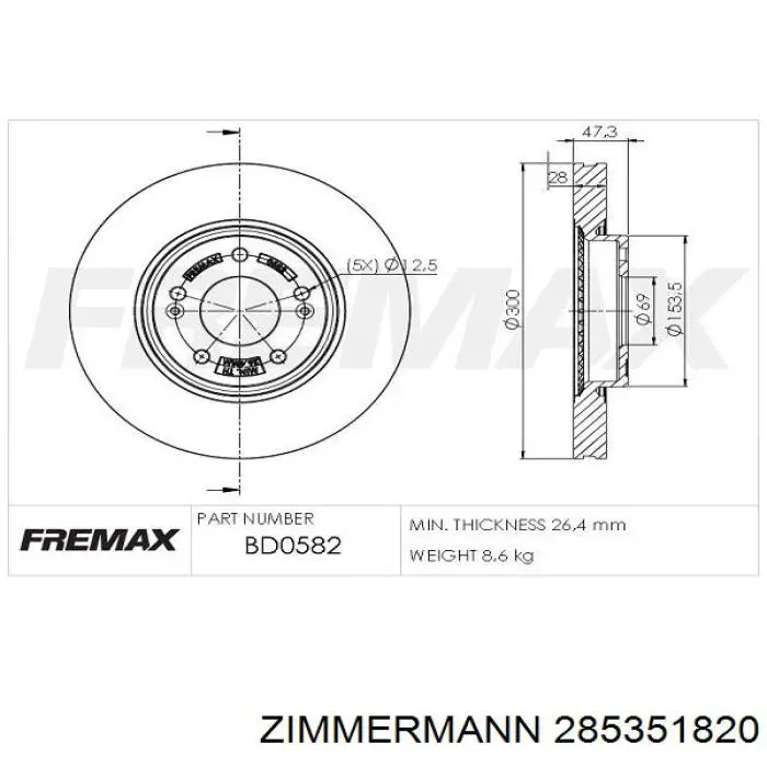 Передние тормозные диски 285351820 Zimmermann