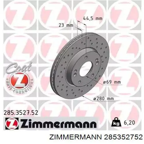 285.3527.52 Zimmermann передние тормозные диски