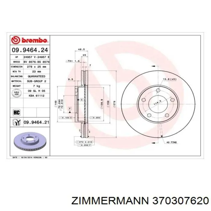 Передние тормозные диски 370307620 Zimmermann