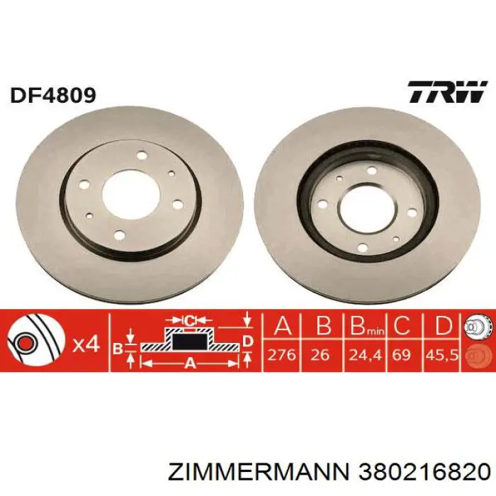 Передние тормозные диски 380216820 Zimmermann