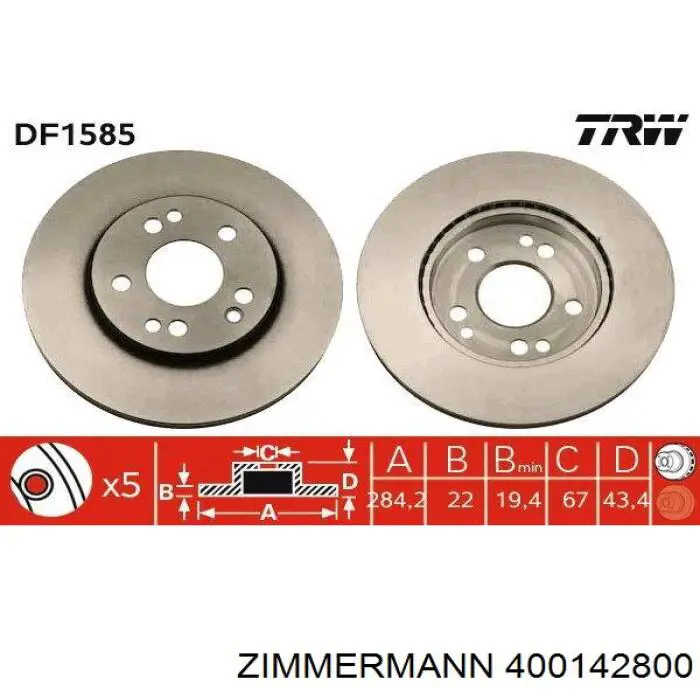 400142800 Zimmermann диск тормозной передний