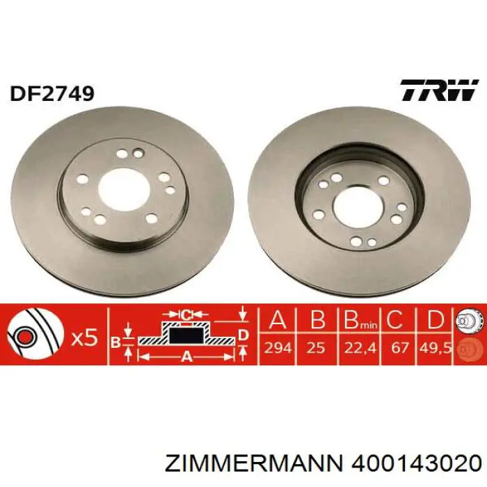 Тормоз дисковый передний Zimmermann 400143020 цена, от 41.46 USD