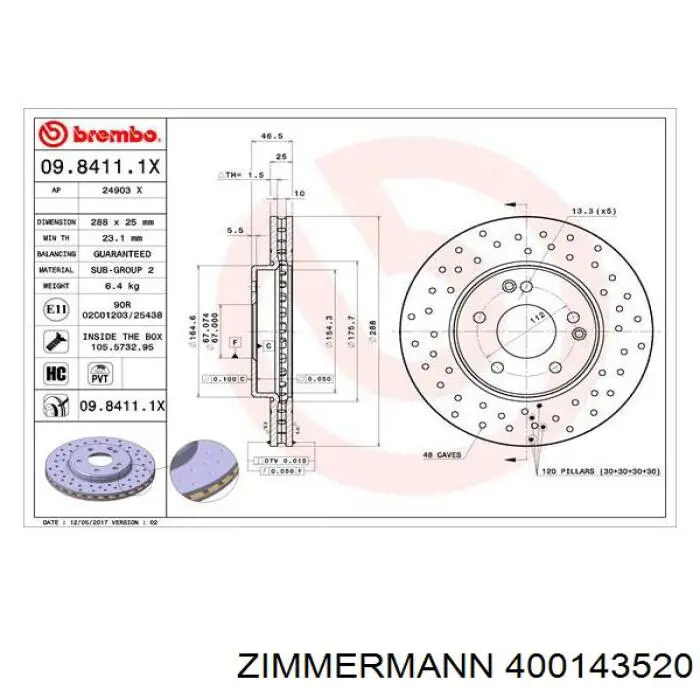 Передние тормозные диски 400143520 Zimmermann