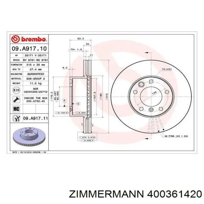 Тормоз дисковый передний Zimmermann 400361420 цена, от 75.59 USD