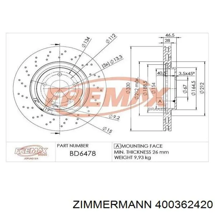 Передние тормозные диски 400362420 Zimmermann