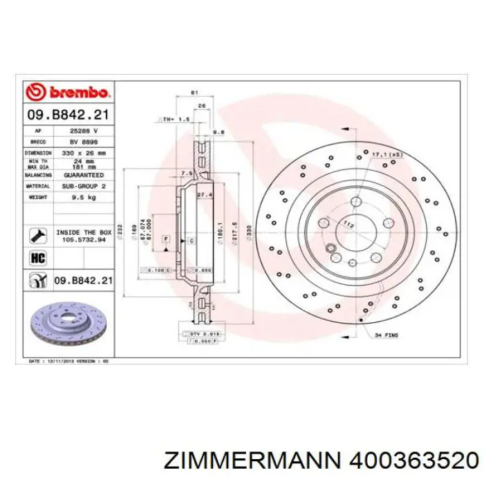 Задний тормозной диск Zimmermann 400363520 цена, от 122.14 USD