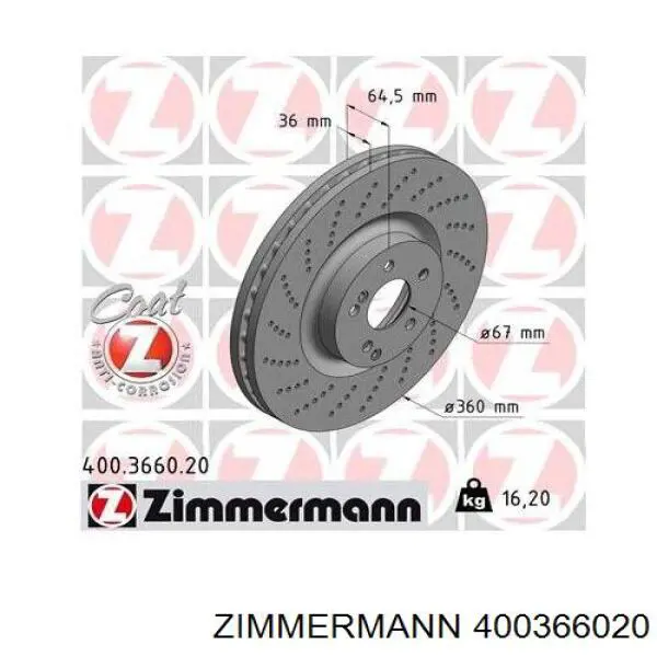 Купить 400366020 Zimmermann Ротор тормозной