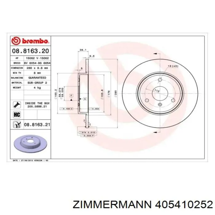 Передние тормозные диски 405410252 Zimmermann