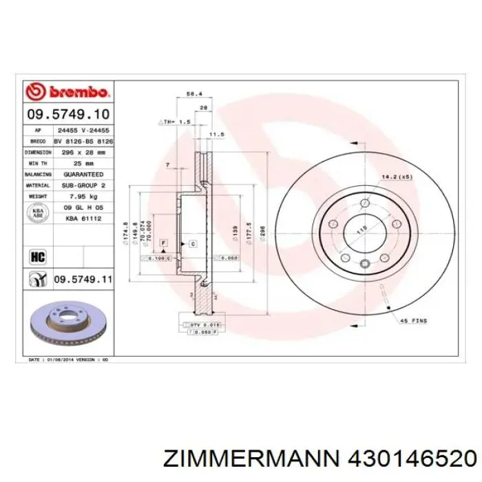 Disco de freno delantero 430146520 Zimmermann