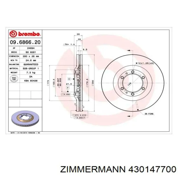 Тормоз дисковый передний Zimmermann 430147700 цена, от 38.02 USD