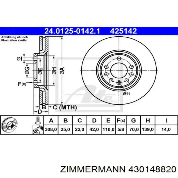 430148820 Zimmermann диск тормозной передний