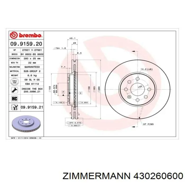 430260600 Zimmermann диск тормозной передний