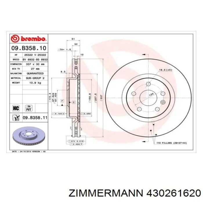 Передние тормозные диски 430261620 Zimmermann