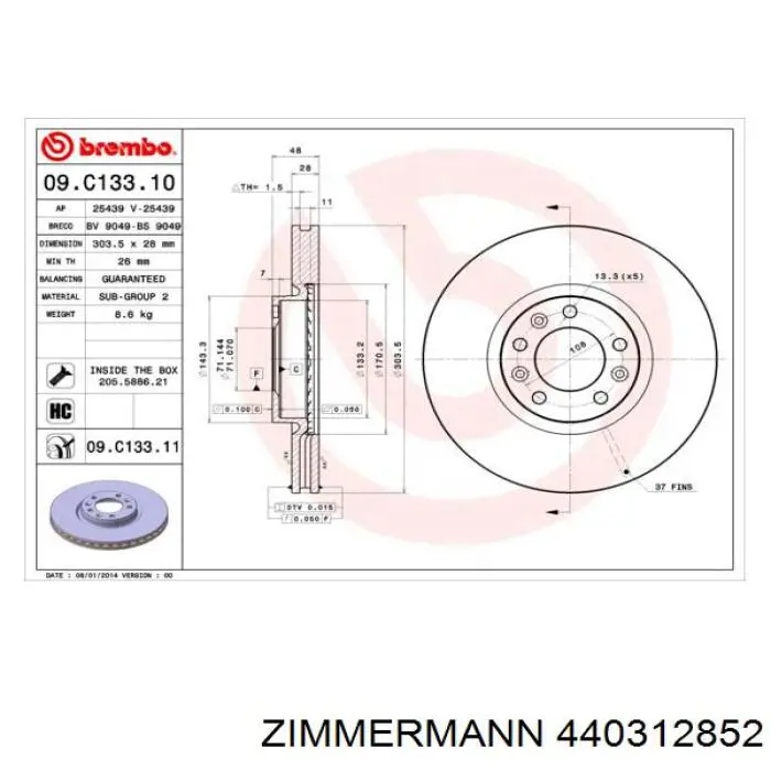 Передний тормозной диск Zimmermann 440312852