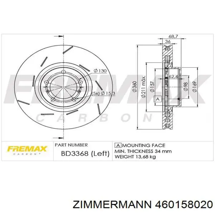 Передние тормозные диски 460158020 Zimmermann
