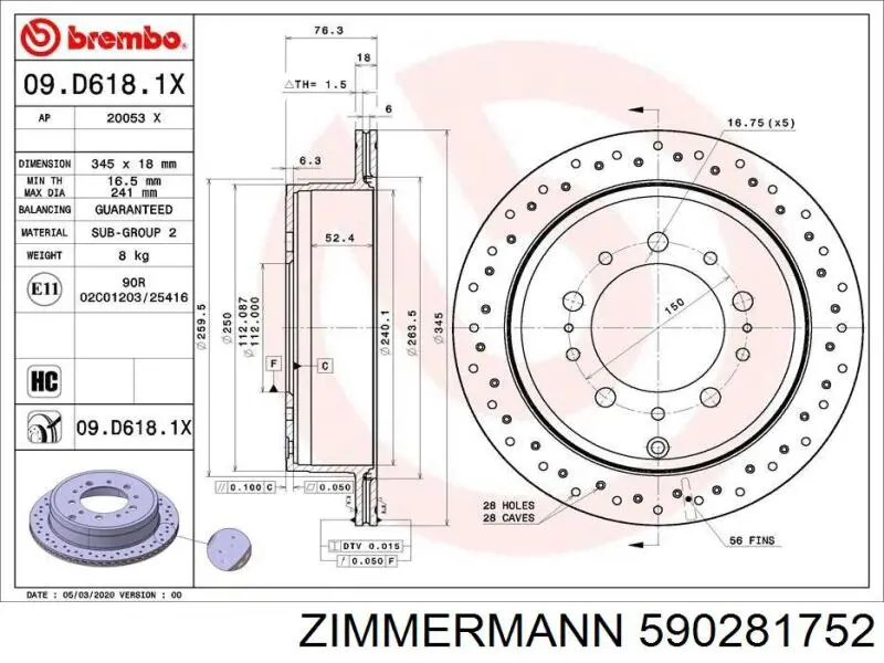 Задний тормозной диск Zimmermann 590281752 цена, от 111.17 USD