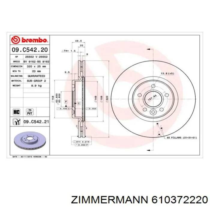 Передние тормозные диски 610372220 Zimmermann