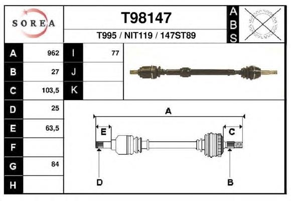 Полуось (привод) передняя правая T98147 EAI