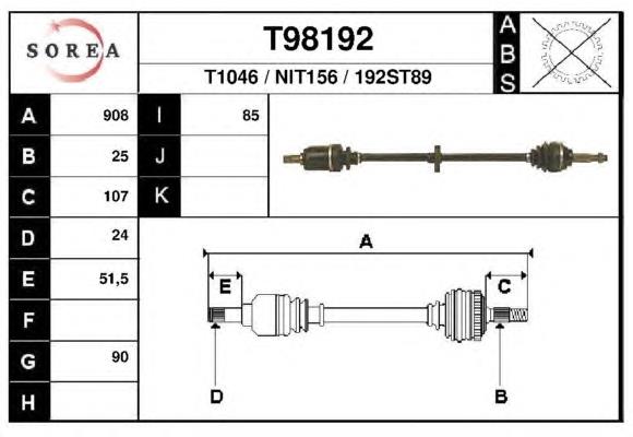 Полуось (привод) передняя правая T98192 EAI