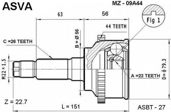 Junta homocinética externa dianteira MZ09A44 Asva