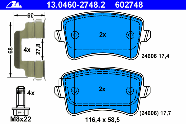 13.0460-2748.2 ATE sapatas do freio traseiras de disco