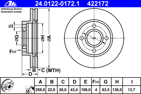 24.0122-0172.1 ATE disco do freio dianteiro