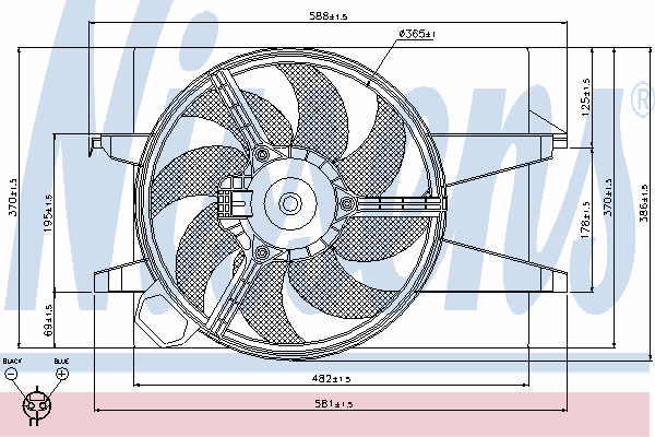 85029 Nissens difusor do radiador de esfriamento, montado com motor e roda de aletas