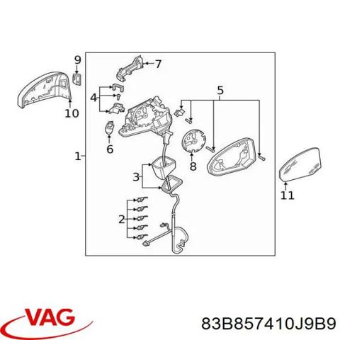 Правое боковое зеркало 83B857410J9B9 VAG