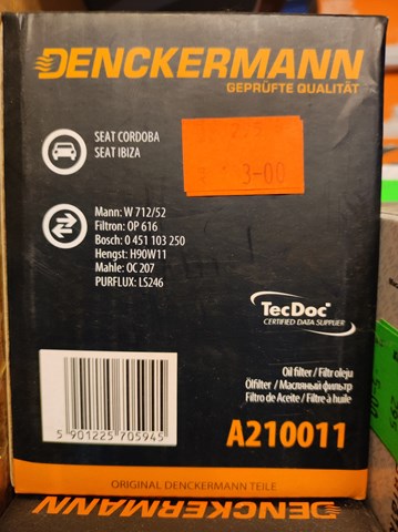 DENCKERMANN A210011 Фильтр масляный в наличии Кривой Рог
