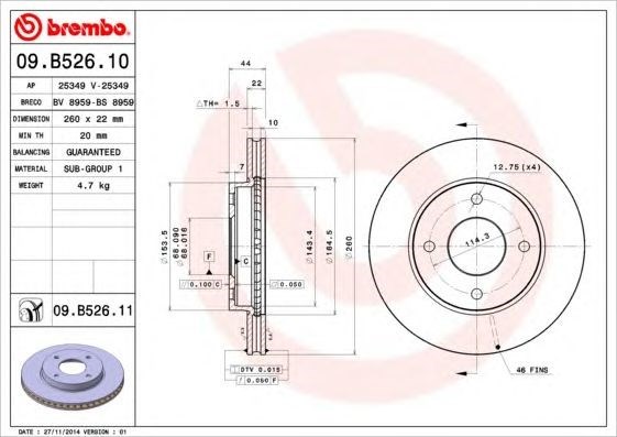 Disco do freio dianteiro 09B52610 Brembo